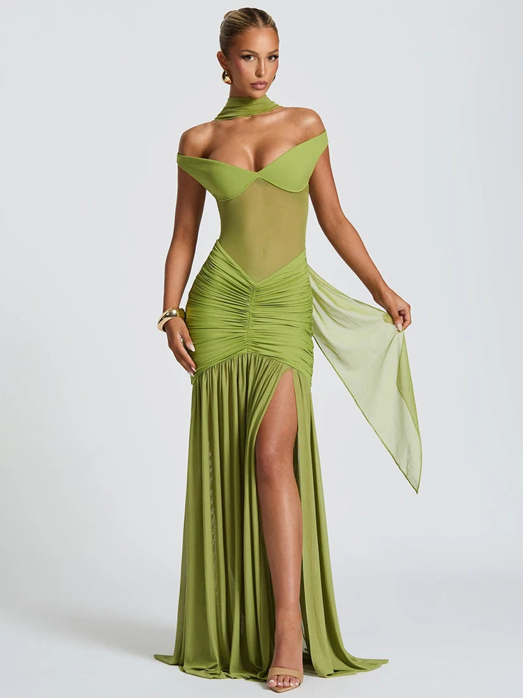 Mozision Off-Shoulder Sexy Backless Maxi Dress 