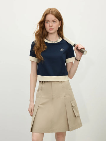 Women’s Preppy Knit Color-Block Short Sleeve Top