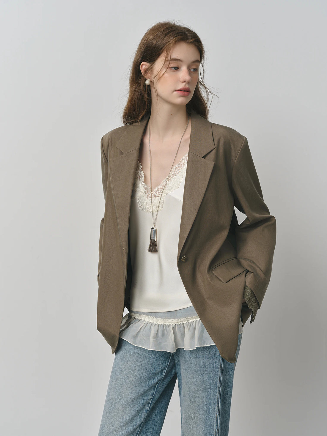 Elegant French Women’s Lace Trim White Blazer